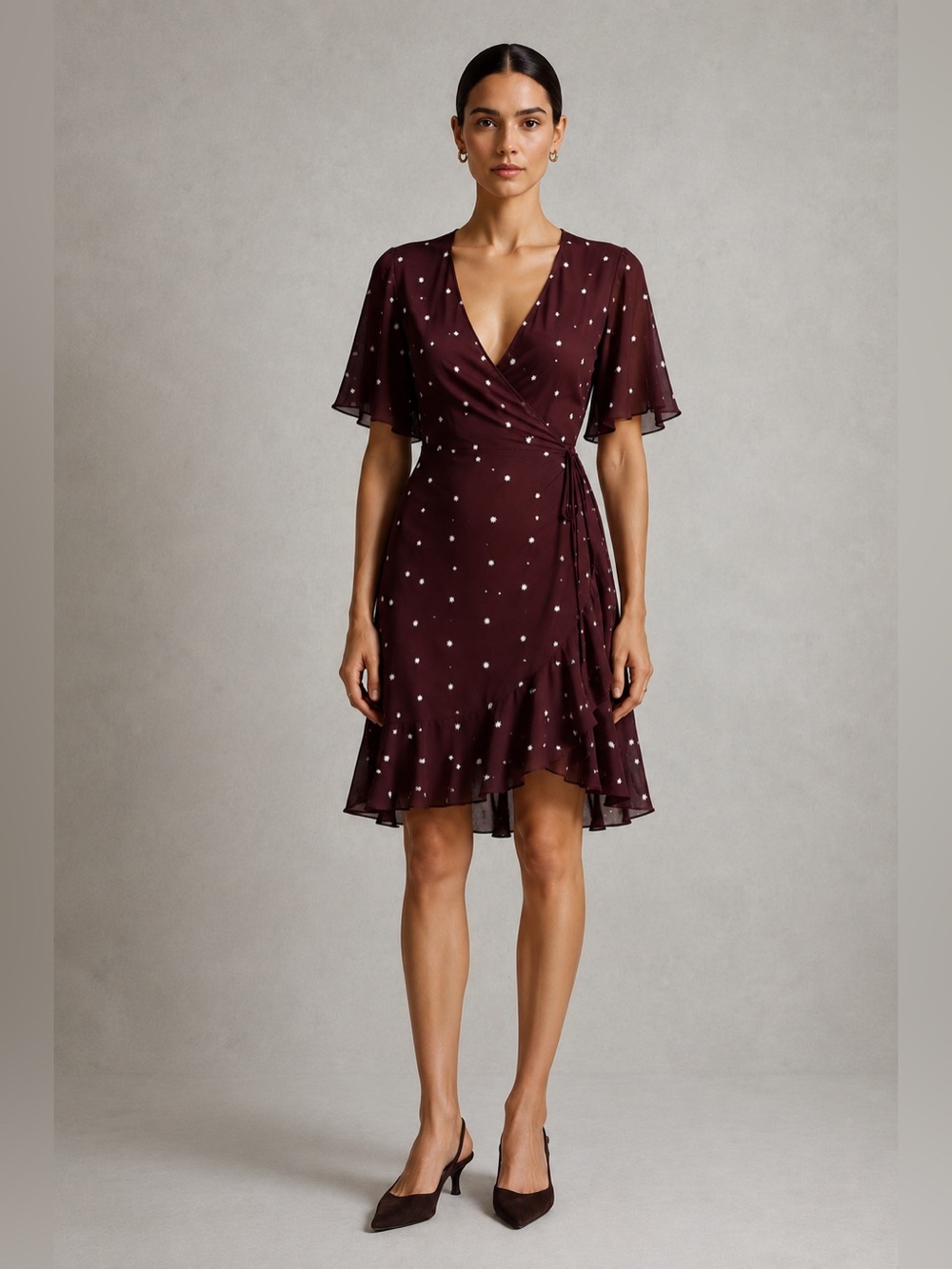 Madewell star print deep burgundy red silk dress with faux wrap neckline.Size 00